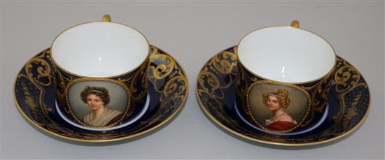 A pair of Sevres style portrait cabinet cups and saucers, by Hutschenreuter, c.1905, saucers 14.5cm